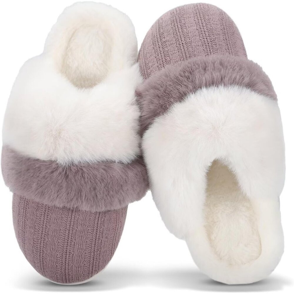 Women's Two Tone Brown White Faux Fur Lining Collar Memory Foam Slippers Shoes